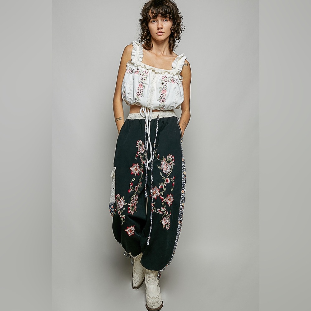 Last 1!! POL Black Track Joggers with Floral Embroidery - Picture 2 of 7